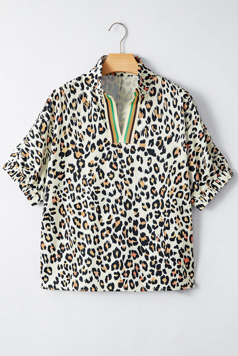 Western Leopard Striped Print V Neck Half Sleeve Blouse