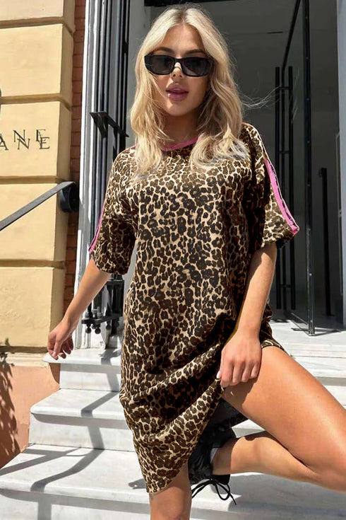Western Leopard Varsity Stripe Patchwork Loose T Shirt Dress