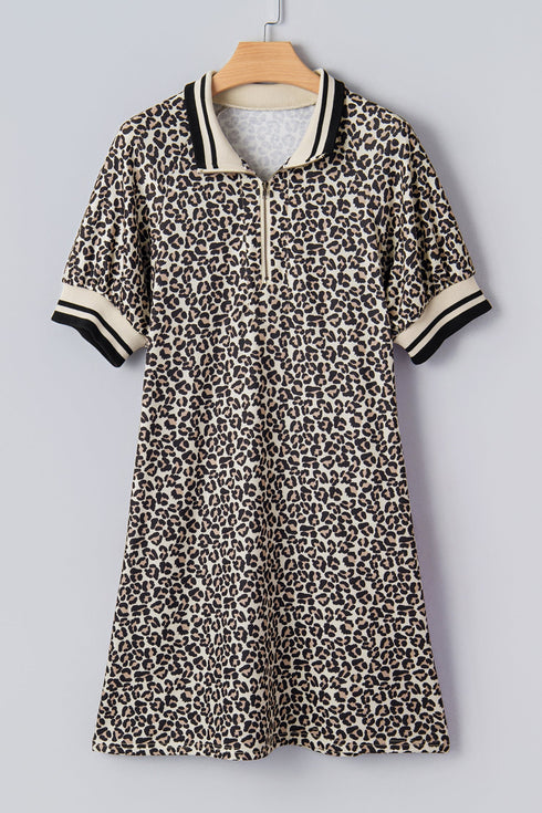 Western Leopard Zip Neck T Shirt Plus Size Mini Dress