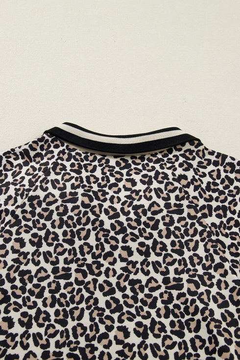Western Leopard Zip Neck T Shirt Plus Size Mini Dress