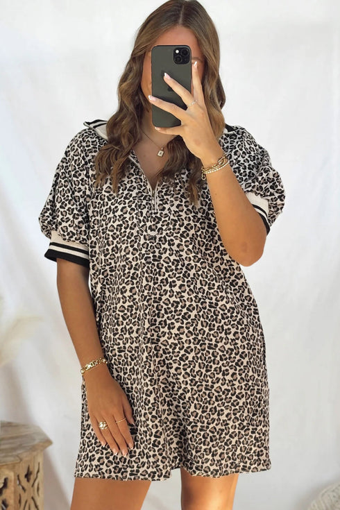 Western Leopard Zip Neck T Shirt Plus Size Mini Dress