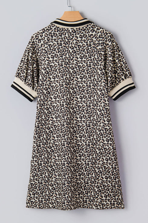 Western Leopard Zip Neck T Shirt Plus Size Mini Dress