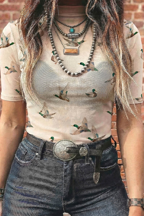Western Mallard Graphic Sheer Mesh Short Sleeve Top