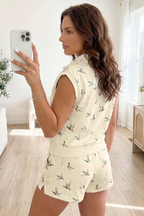 Western Mallard Print Zip Polo Drawstring Short Set