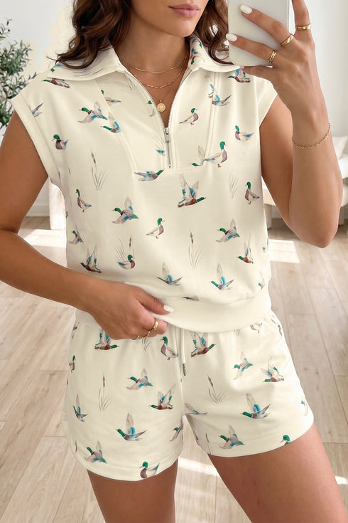Western Mallard Print Zip Polo Drawstring Short Set