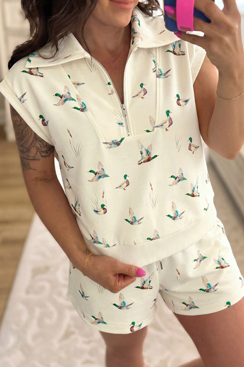 Western Mallard Print Zip Polo Drawstring Short Set