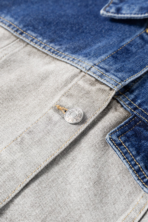 Western Mixed Panel Distressed Flap Pocket Denim Jacket