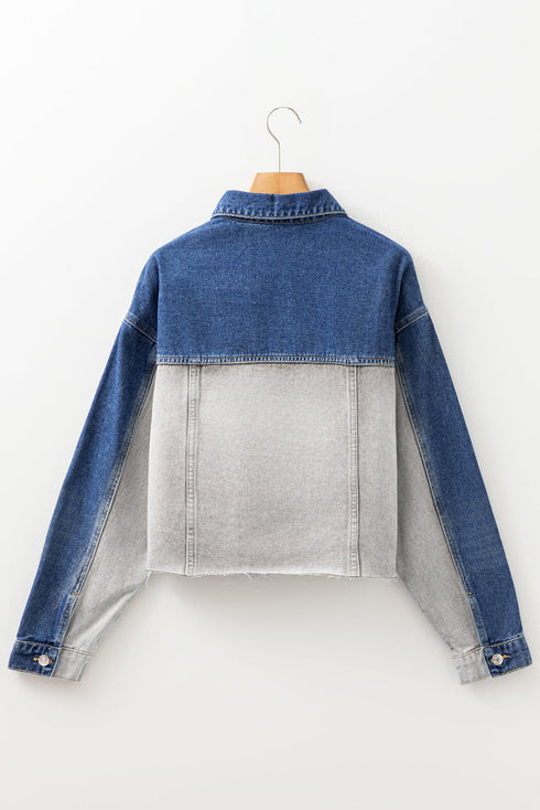 Western Mixed Panel Distressed Flap Pocket Denim Jacket