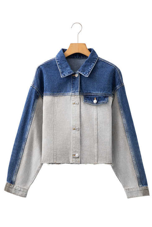 Western Mixed Panel Distressed Flap Pocket Denim Jacket