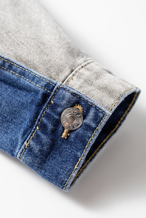 Western Mixed Panel Distressed Flap Pocket Denim Jacket