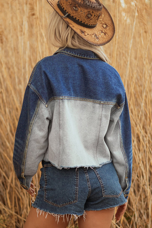 Western Mixed Panel Distressed Flap Pocket Denim Jacket
