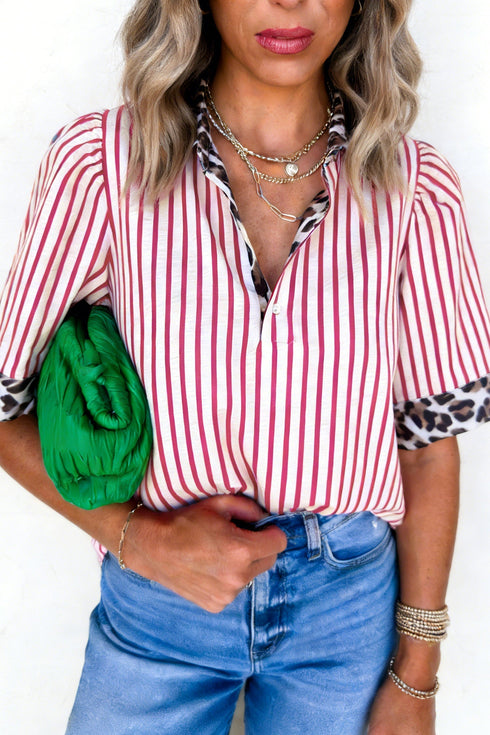 Western Mixed Stripe Leopard Print Contrast Trim Blouse