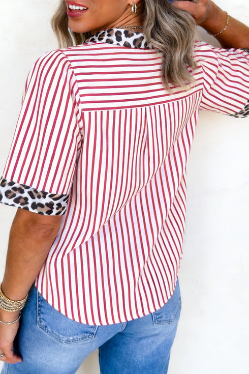 Western Mixed Stripe Leopard Print Contrast Trim Blouse