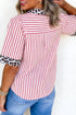 Western Mixed Stripe Leopard Print Contrast Trim Blouse