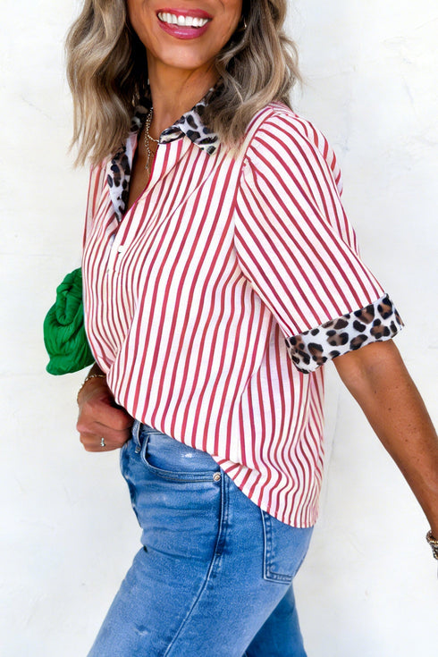 Western Mixed Stripe Leopard Print Contrast Trim Blouse