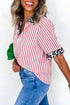 Western Mixed Stripe Leopard Print Contrast Trim Blouse