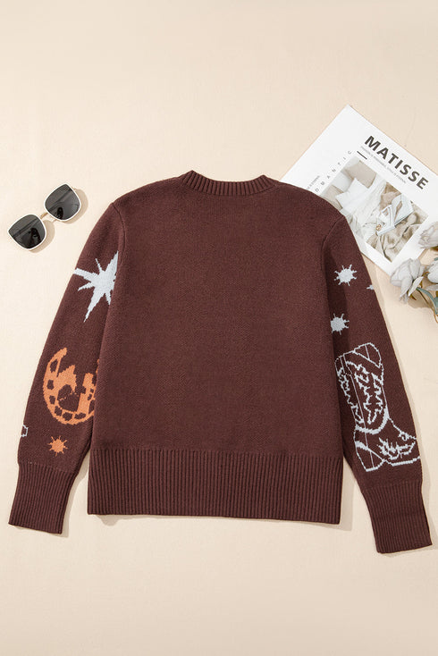 Western Motif Graphic Knit Long Sleeve Crew Sweater