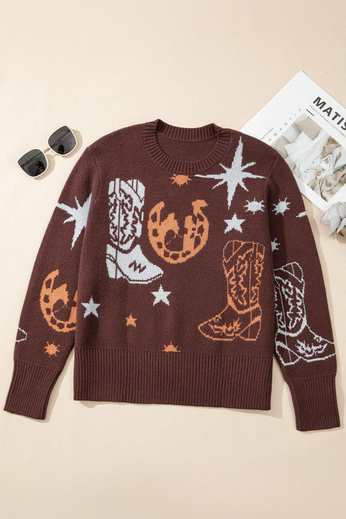 Western Motif Graphic Knit Long Sleeve Crew Sweater