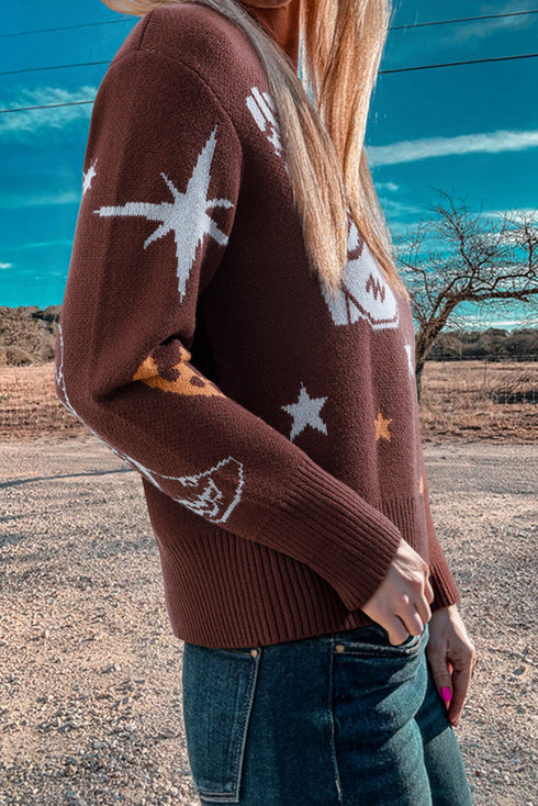 Western Motif Graphic Knit Long Sleeve Crew Sweater