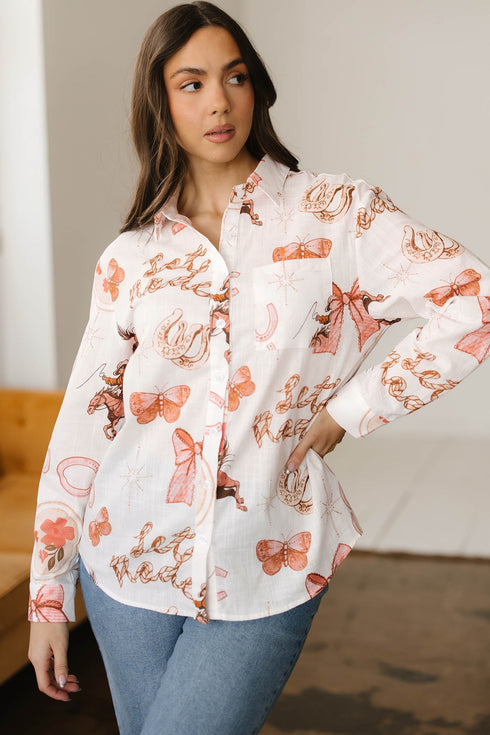Western Motif Print Long Sleeve Button Up Shirt