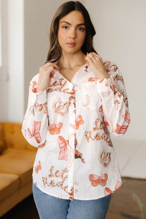 Western Motif Print Long Sleeve Button Up Shirt