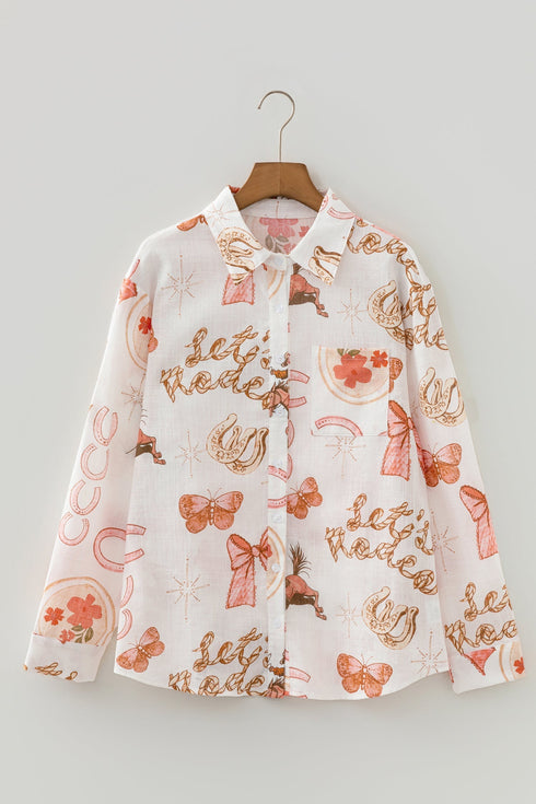 Western Motif Print Long Sleeve Button Up Shirt