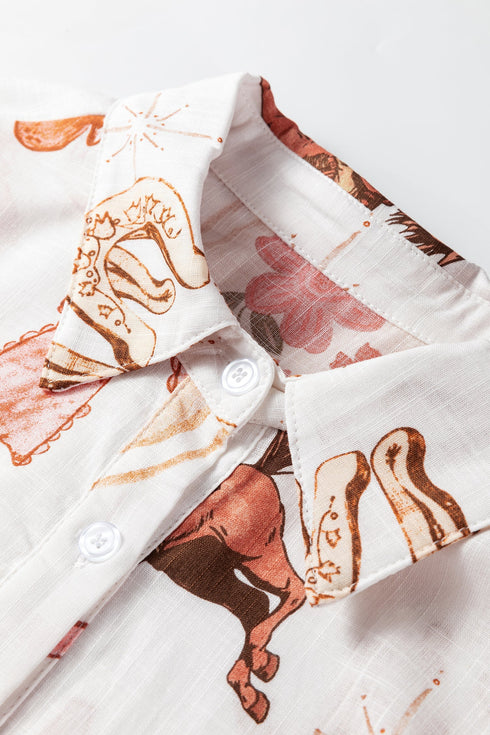 Western Motif Print Long Sleeve Button Up Shirt
