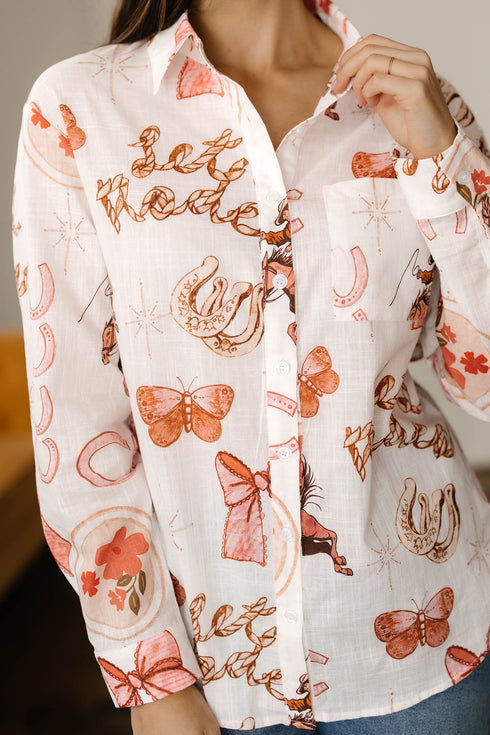 Western Motif Print Long Sleeve Button Up Shirt