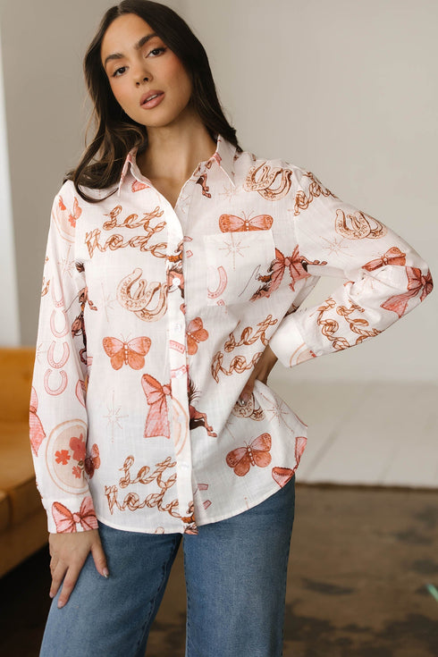 Western Motif Print Long Sleeve Button Up Shirt