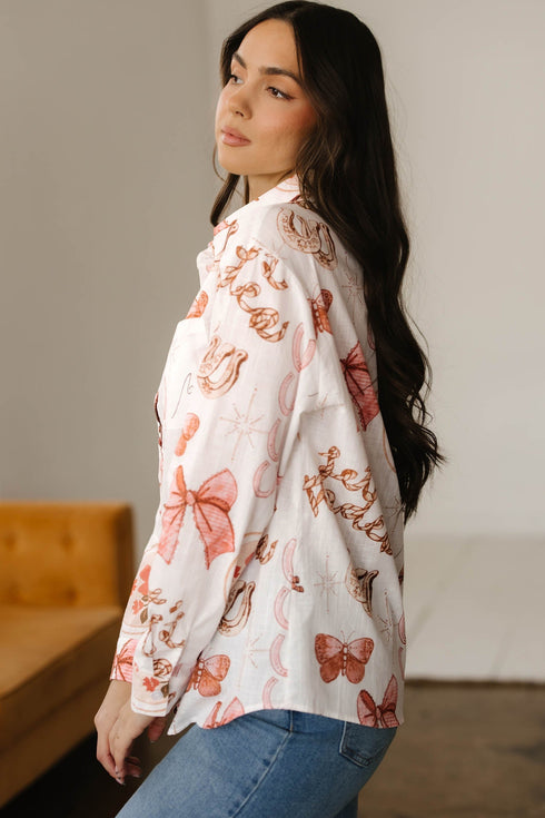Western Motif Print Long Sleeve Button Up Shirt