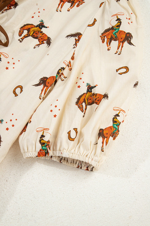Western Motif Puff Sleeve Bow Detail Peplum Blouse