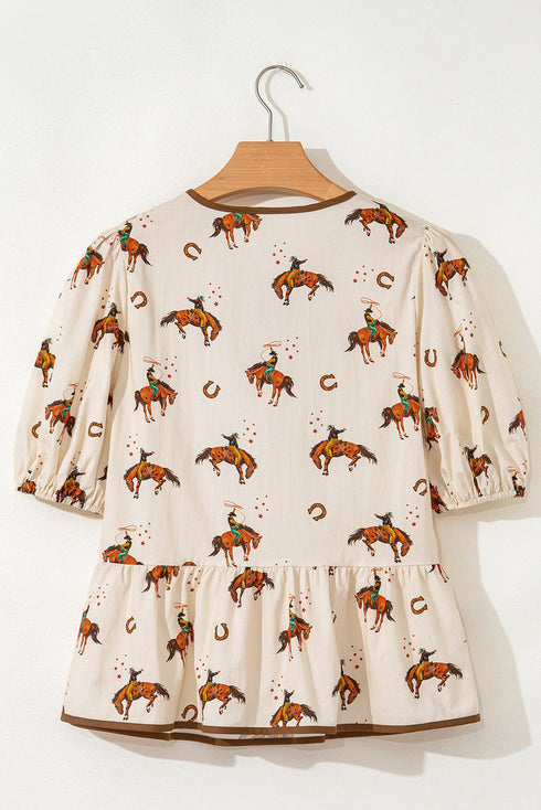 Western Motif Puff Sleeve Bow Detail Peplum Blouse