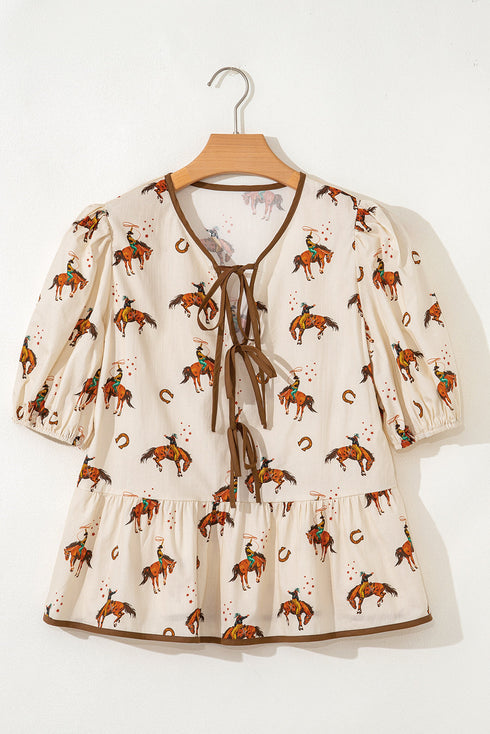 Western Motif Puff Sleeve Bow Detail Peplum Blouse