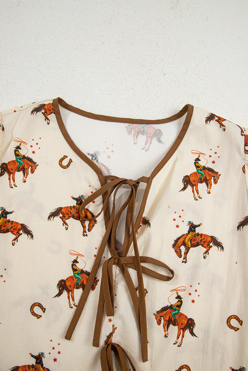 Western Motif Puff Sleeve Bow Detail Peplum Blouse