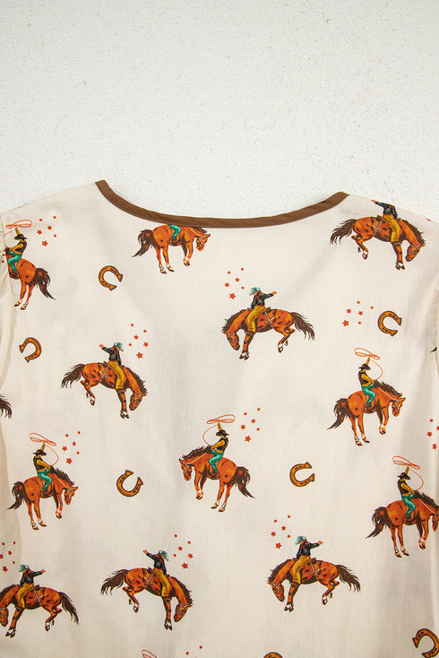 Western Motif Puff Sleeve Bow Detail Peplum Blouse