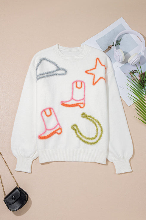 Western Motif Textured Graphic Crew Neck Pullover Sweater