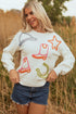 Western Motif Textured Graphic Crew Neck Pullover Sweater
