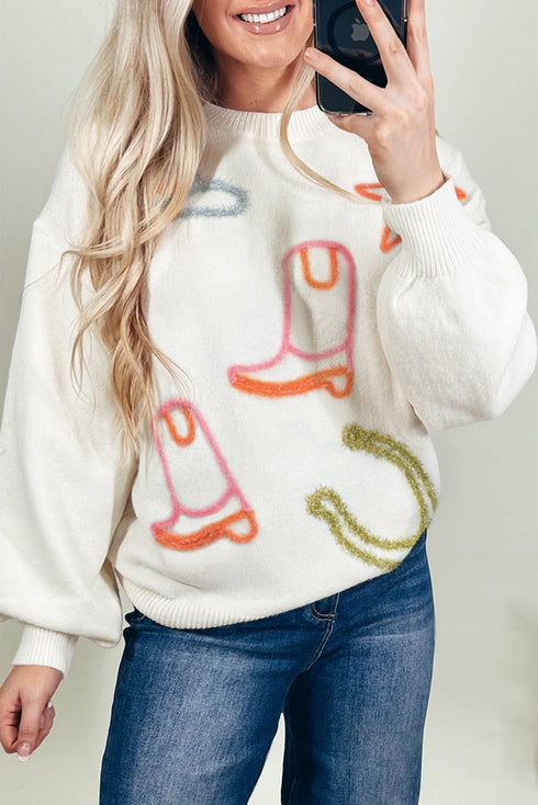 Western Motif Textured Graphic Crew Neck Pullover Sweater