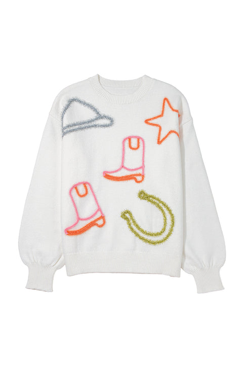 Western Motif Textured Graphic Crew Neck Pullover Sweater