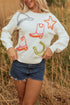 Western Motif Textured Graphic Crew Neck Pullover Sweater