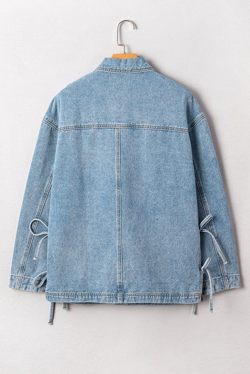 Western Multi Pocket Side Tie Boyfriend Denim Jacket