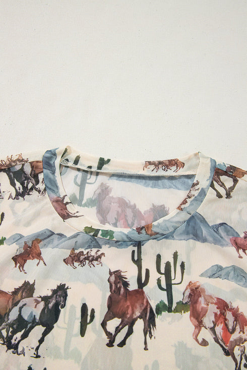 Western Mustang And Cactus Print Fitted Tee