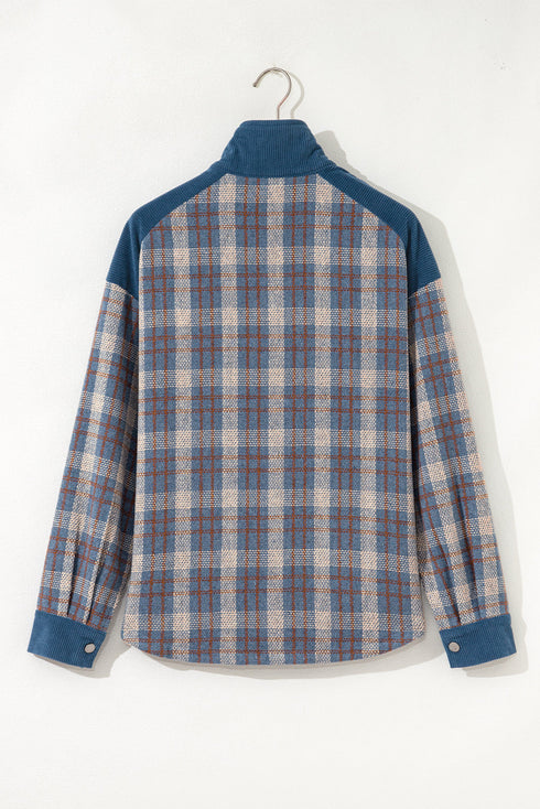 Western Patchwork Corduroy Collared Zip Up Plaid Shacket