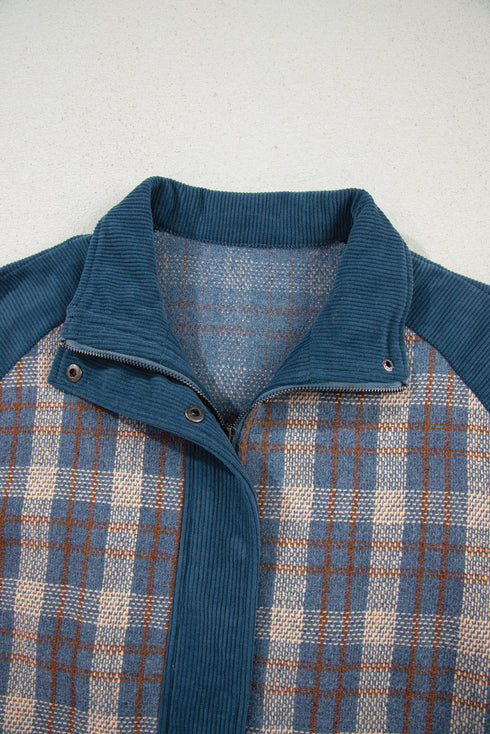 Western Patchwork Corduroy Collared Zip Up Plaid Shacket