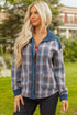 Western Patchwork Corduroy Collared Zip Up Plaid Shacket