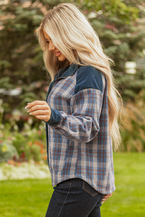 Western Patchwork Corduroy Collared Zip Up Plaid Shacket