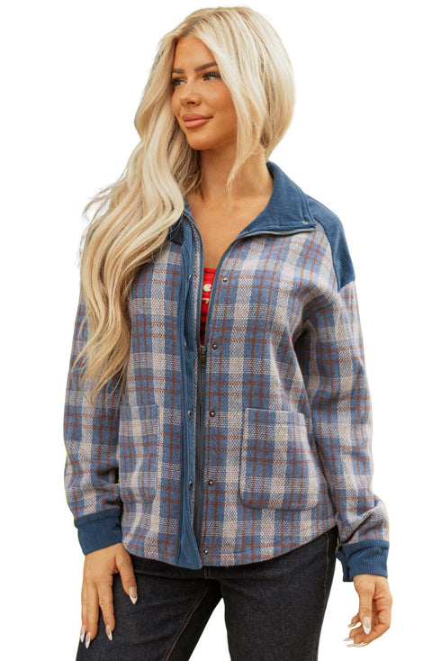 Western Patchwork Corduroy Collared Zip Up Plaid Shacket