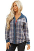 Western Patchwork Corduroy Collared Zip Up Plaid Shacket