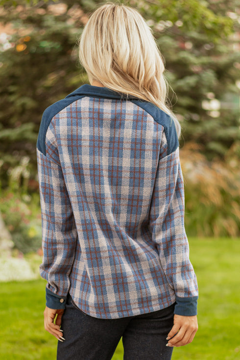 Western Patchwork Corduroy Collared Zip Up Plaid Shacket