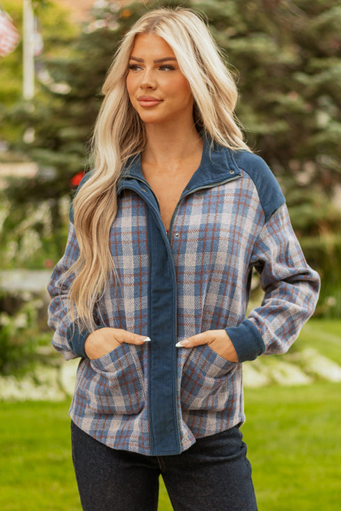Western Patchwork Corduroy Collared Zip Up Plaid Shacket